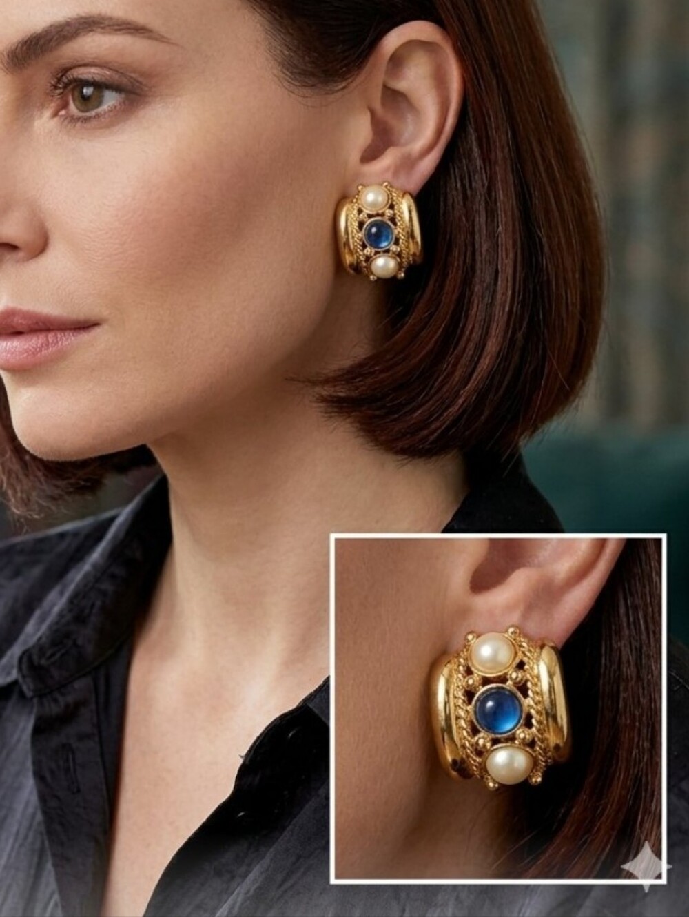 Joan Rivers Gold-Tone Clip Earrings Blue Cabochons  Pearl Accents Runway Vintage